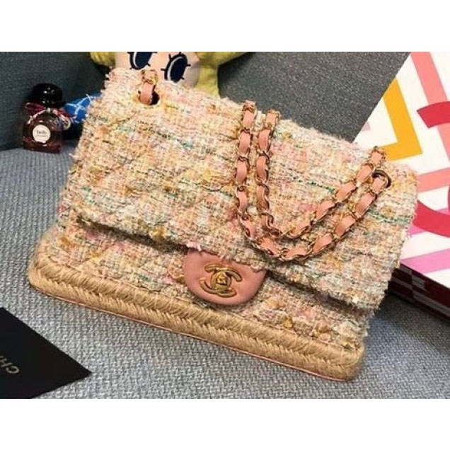 Chanel Tweed and Woven Straw Classic Flap Bag Pink 2018