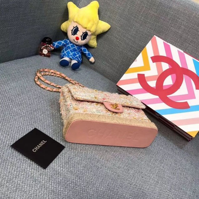 Chanel Tweed and Woven Straw Classic Flap Bag Pink 2018