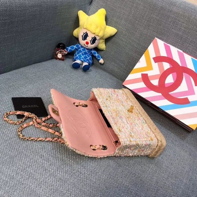Chanel Tweed and Woven Straw Classic Flap Bag Pink 2018