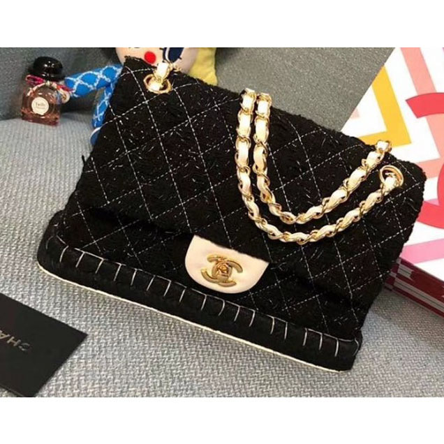 Chanel Tweed and Woven Straw Classic Flap Bag Black/Beige 2018