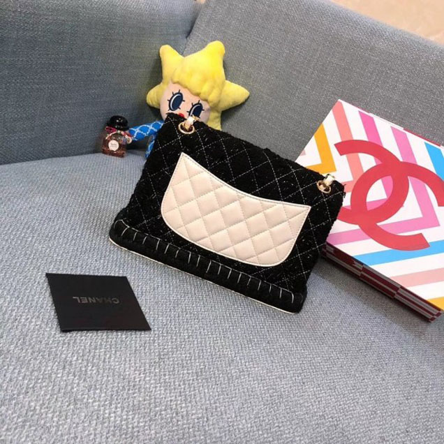 Chanel Tweed and Woven Straw Classic Flap Bag Black/Beige 2018