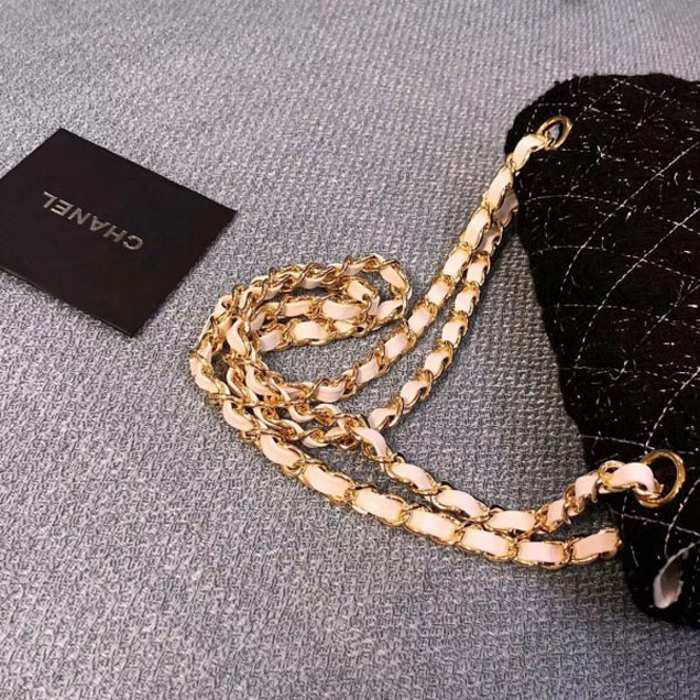 Chanel Tweed and Woven Straw Classic Flap Bag Black/Beige 2018