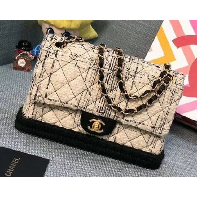 Chanel Tweed and Woven Straw Classic Flap Bag Black/Creamy 2018