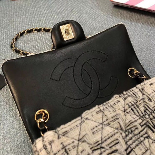 Chanel Tweed and Woven Straw Classic Flap Bag Black/Creamy 2018