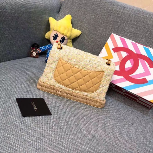 Chanel Tweed and Woven Straw Classic Flap Bag Apricot 2018