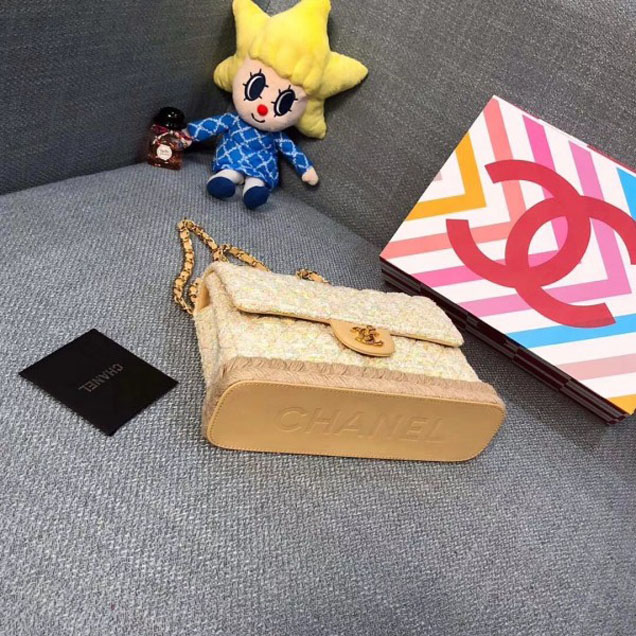 Chanel Tweed and Woven Straw Classic Flap Bag Apricot 2018