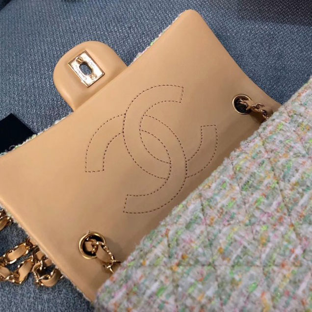 Chanel Tweed and Woven Straw Classic Flap Bag Apricot 2018