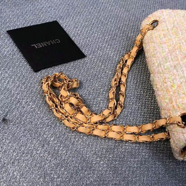 Chanel Tweed and Woven Straw Classic Flap Bag Apricot 2018