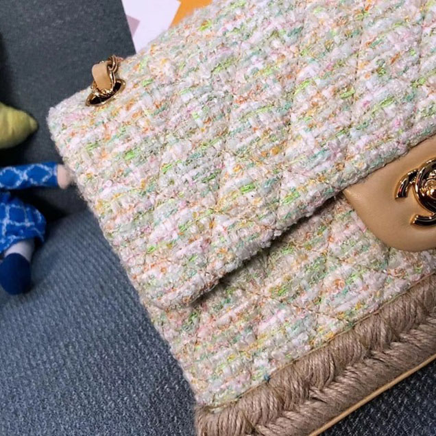 Chanel Tweed and Woven Straw Classic Flap Bag Apricot 2018