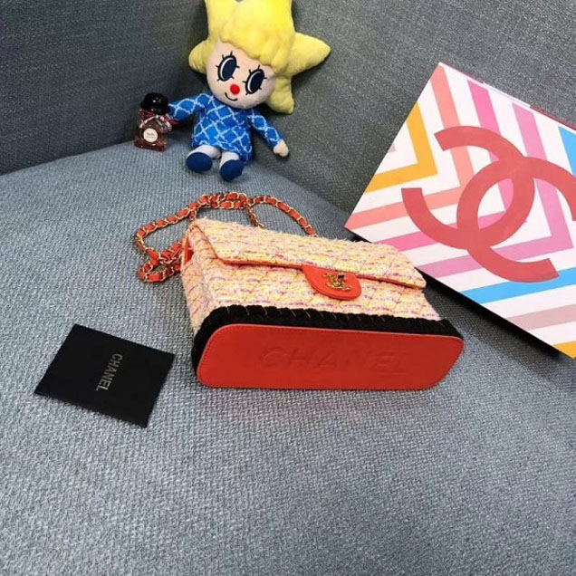 Chanel Tweed and Woven Straw Classic Flap Bag Red 2018