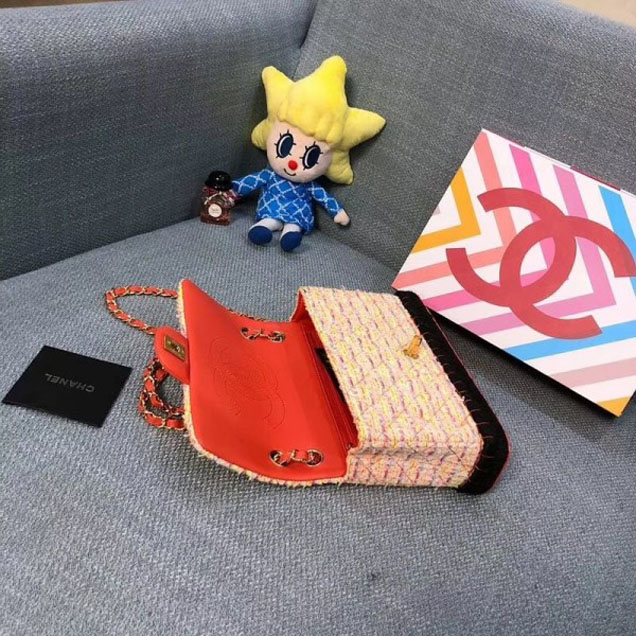 Chanel Tweed and Woven Straw Classic Flap Bag Red 2018