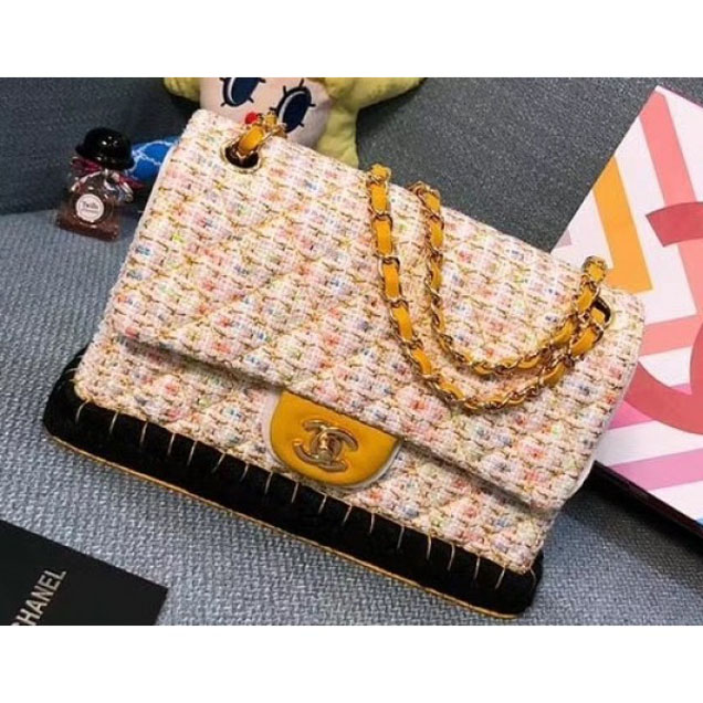 Chanel Tweed and Woven Straw Classic Flap Bag Yellow 2018