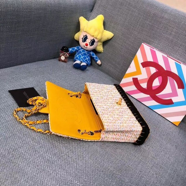 Chanel Tweed and Woven Straw Classic Flap Bag Yellow 2018