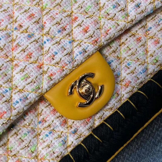 Chanel Tweed and Woven Straw Classic Flap Bag Yellow 2018