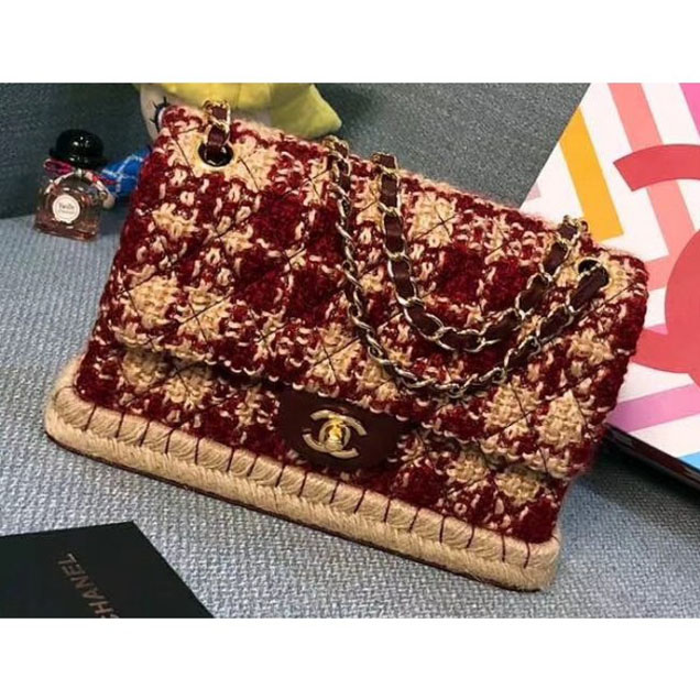 Chanel Tweed and Woven Straw Classic Flap Bag Burgundy 2018