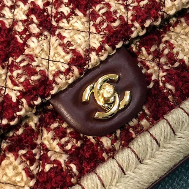 Chanel Tweed and Woven Straw Classic Flap Bag Burgundy 2018