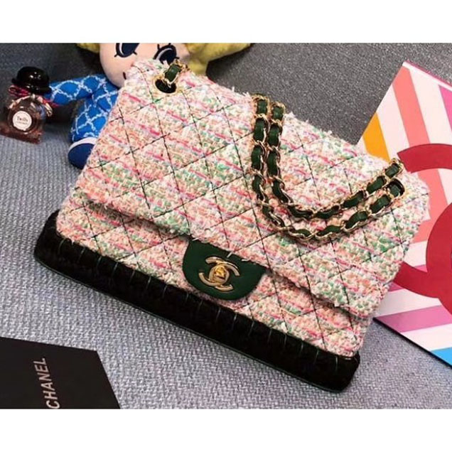 Chanel Tweed and Woven Straw Classic Flap Bag Dark Green 2018