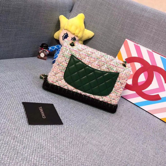 Chanel Tweed and Woven Straw Classic Flap Bag Dark Green 2018