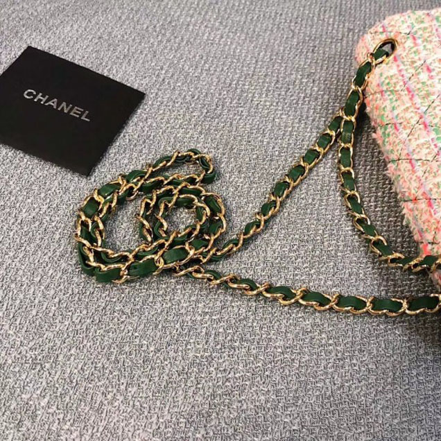 Chanel Tweed and Woven Straw Classic Flap Bag Dark Green 2018