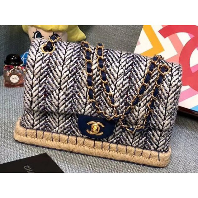 Chanel Tweed and Woven Straw Classic Flap Bag Navy Blue 2018