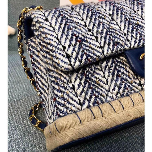 Chanel Tweed and Woven Straw Classic Flap Bag Navy Blue 2018
