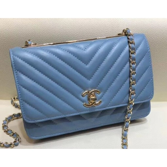 Chanel Lambskin Chevron Trendy CC Wallet On Chain WOC Bag A80982 Denim Blue 2018