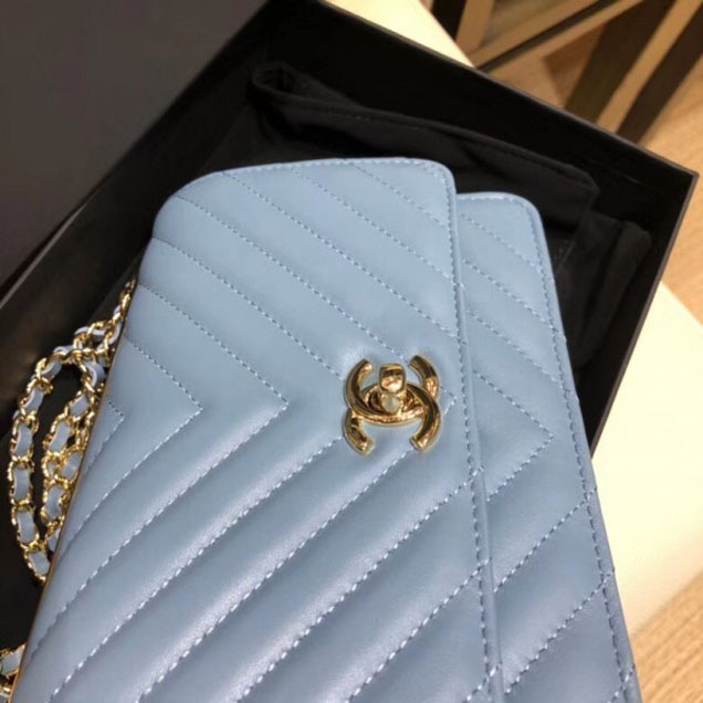 Chanel Lambskin Chevron Trendy CC Wallet On Chain WOC Bag A80982 Denim Blue 2018