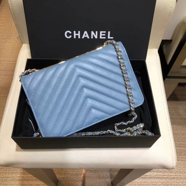 Chanel Lambskin Chevron Trendy CC Wallet On Chain WOC Bag A80982 Denim Blue 2018