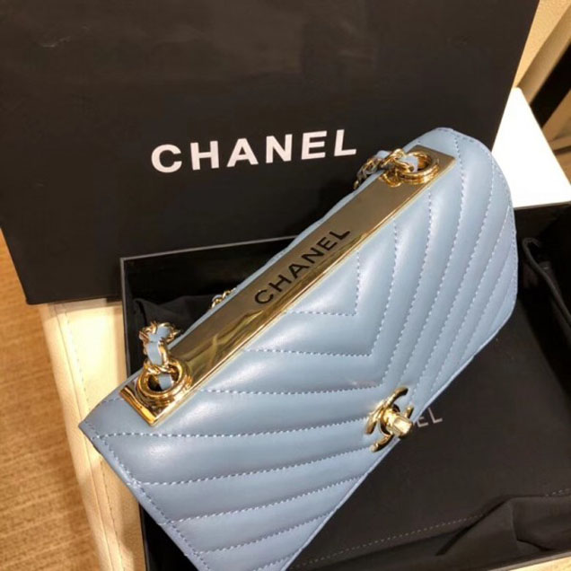 Chanel Lambskin Chevron Trendy CC Wallet On Chain WOC Bag A80982 Denim Blue 2018