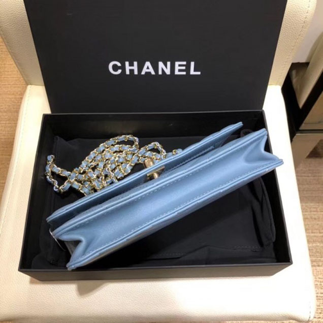 Chanel Lambskin Chevron Trendy CC Wallet On Chain WOC Bag A80982 Denim Blue 2018