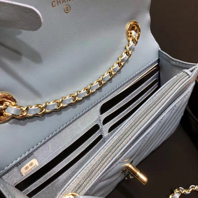 Chanel Lambskin Chevron Trendy CC Wallet On Chain WOC Bag A80982 Denim Blue 2018