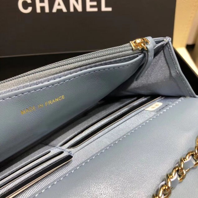 Chanel Lambskin Chevron Trendy CC Wallet On Chain WOC Bag A80982 Denim Blue 2018