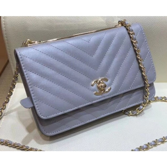 Chanel Lambskin Chevron Trendy CC Wallet On Chain WOC Bag A80982 Gray 2018