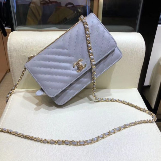 Chanel Lambskin Chevron Trendy CC Wallet On Chain WOC Bag A80982 Gray 2018