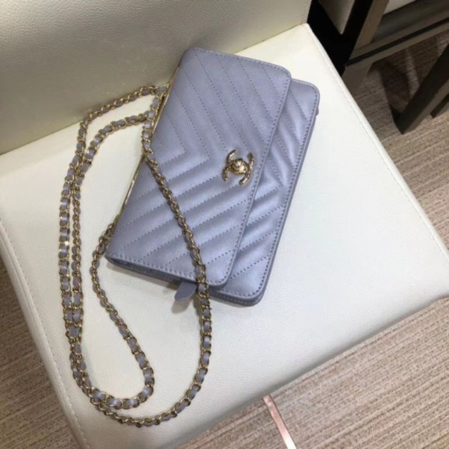 Chanel Lambskin Chevron Trendy CC Wallet On Chain WOC Bag A80982 Gray 2018