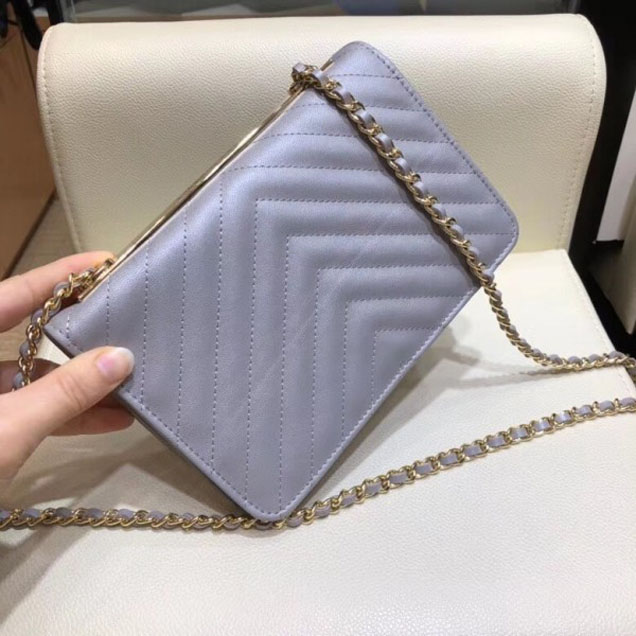 Chanel Lambskin Chevron Trendy CC Wallet On Chain WOC Bag A80982 Gray 2018