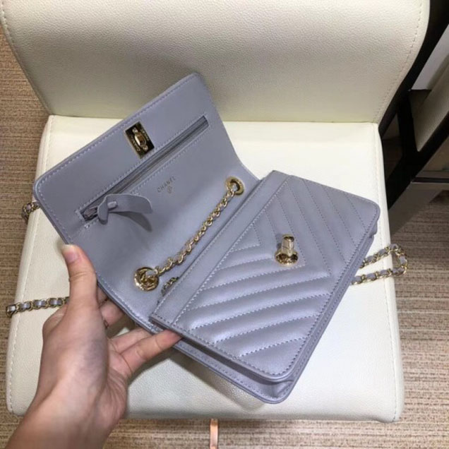 Chanel Lambskin Chevron Trendy CC Wallet On Chain WOC Bag A80982 Gray 2018