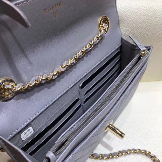 Chanel Lambskin Chevron Trendy CC Wallet On Chain WOC Bag A80982 Gray 2018