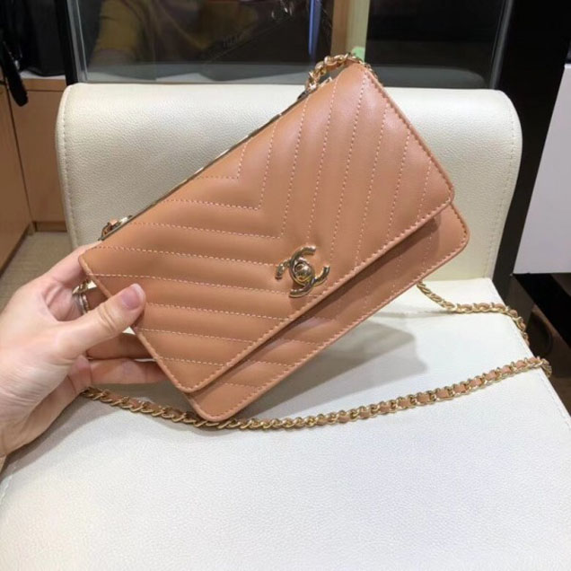 Chanel Lambskin Chevron Trendy CC Wallet On Chain WOC Bag A80982 Caramel 2018