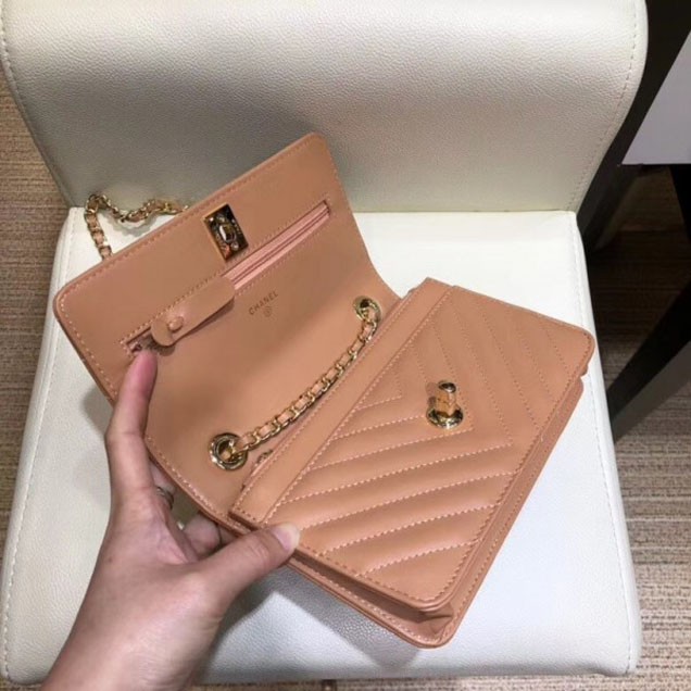 Chanel Lambskin Chevron Trendy CC Wallet On Chain WOC Bag A80982 Caramel 2018