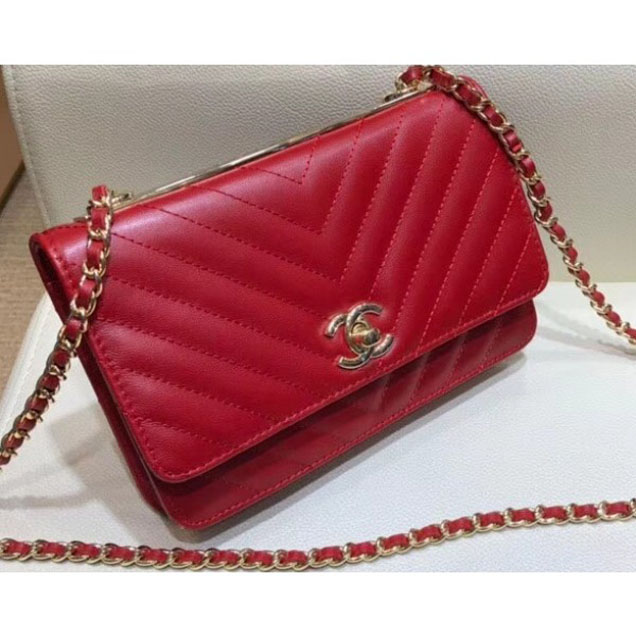 Chanel Lambskin Chevron Trendy CC Wallet On Chain WOC Bag A80982 Red 2018