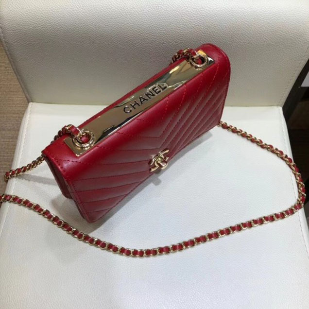 Chanel Lambskin Chevron Trendy CC Wallet On Chain WOC Bag A80982 Red 2018