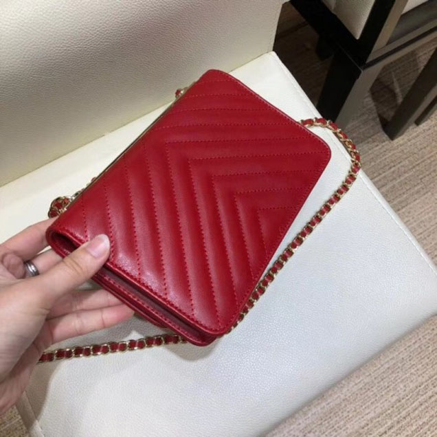 Chanel Lambskin Chevron Trendy CC Wallet On Chain WOC Bag A80982 Red 2018