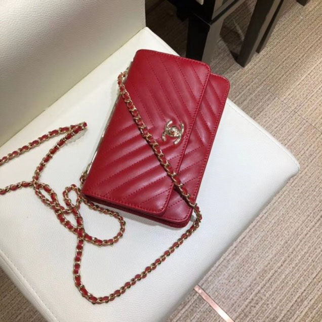 Chanel Lambskin Chevron Trendy CC Wallet On Chain WOC Bag A80982 Red 2018