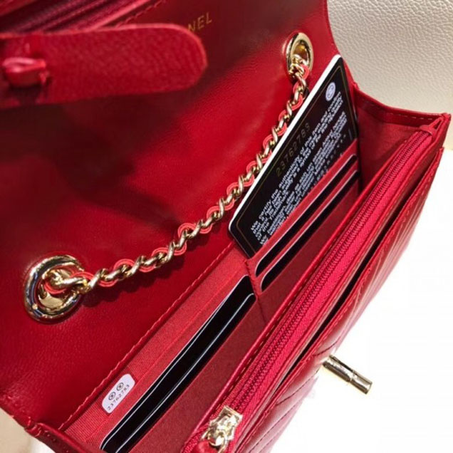Chanel Lambskin Chevron Trendy CC Wallet On Chain WOC Bag A80982 Red 2018