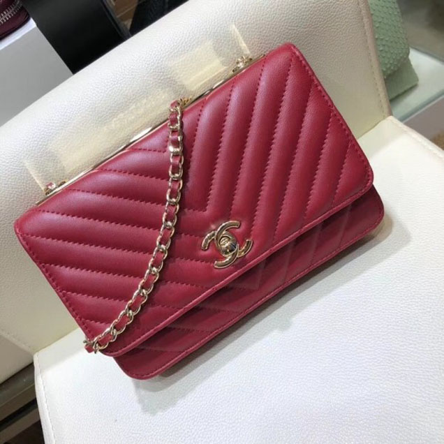 Chanel Lambskin Chevron Trendy CC Wallet On Chain WOC Bag A80982 Date Red 2018