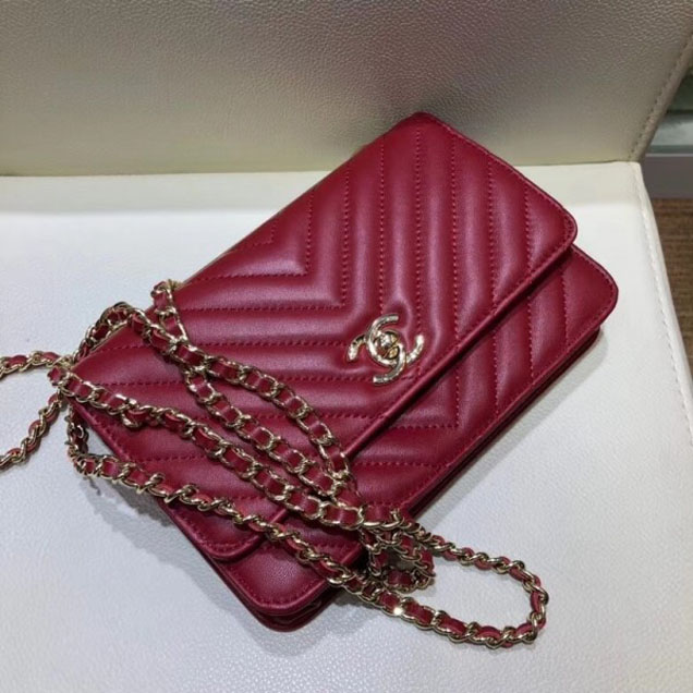 Chanel Lambskin Chevron Trendy CC Wallet On Chain WOC Bag A80982 Date Red 2018