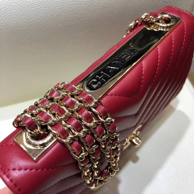 Chanel Lambskin Chevron Trendy CC Wallet On Chain WOC Bag A80982 Date Red 2018