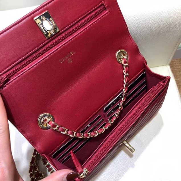 Chanel Lambskin Chevron Trendy CC Wallet On Chain WOC Bag A80982 Date Red 2018