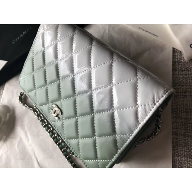 Chanel Patent Calfskin Glass Strass Wallet On Chain WOC Bag Green/White 2018